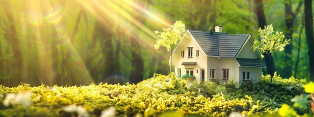 eco friendly home concept miniature white model house in a green natural landscape with sun rays