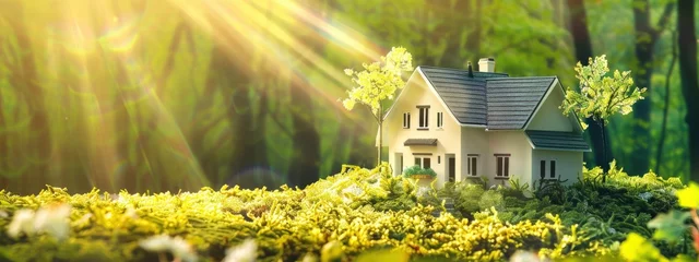 Rolgordijnen eco friendly home concept miniature white model house in a green natural landscape with sun rays © Image