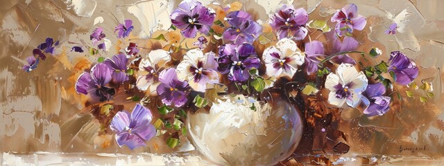 Obraz na płótnie Canvas Brown background, white vase with purple and white pansies, old oil painting on canvas with visible brush strokes