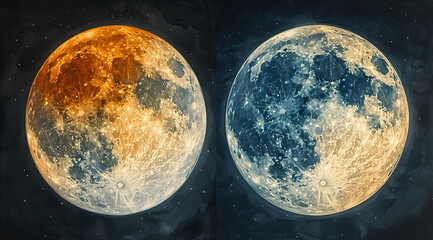 Lunar Luminosity: Watercolor Contrast of Full Moon Brilliance and New Moon Subtlety