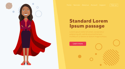 Latin business woman in superhero robe. Flat vector illustration. Young woman in formal wear standing with folded arms. Success, business, management concept for web design or banner