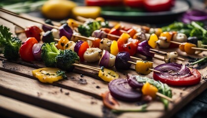 A colorful assortment of vegetables sits on top of a wooden chopping block near an outdoor cooking device with skewers inserted in it. The image captures the essence of fresh, healthy eating.