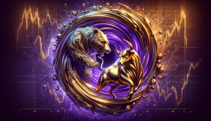 Bull vs bear, symbols of stock market trends, symbolizing fierce market battle in gold and purple colors. - 790598780