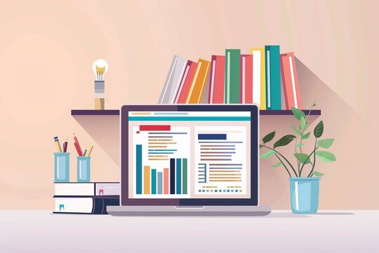 Inspiring setup of a home study area with educational books about investing and a laptop displaying financial news, focusing on selflearning and personal financial education, bright colors, clean back