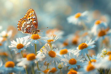 Beautiful wild flowers chamomile with butterfly on sunny autumn meadow