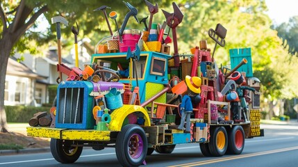 Colorful image of a float decorated with tools representing different trades, driving through the parade, emphasizing the creativity and homage to labor, bright colors, clean background, Realistic HD 