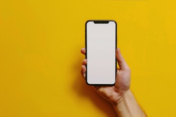 Fototapeta na wymiar ????A hand holding a black smartphone with a blank screen against a bright yellow background.????Technology,????Modern,????Minimalist