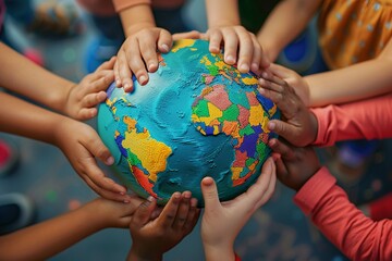 Heartwarming image of children from various backgrounds holding hands around a globe, emphasizing the unity and realization of MLKs dream for equality and peace, bright colors, clean background, Reali