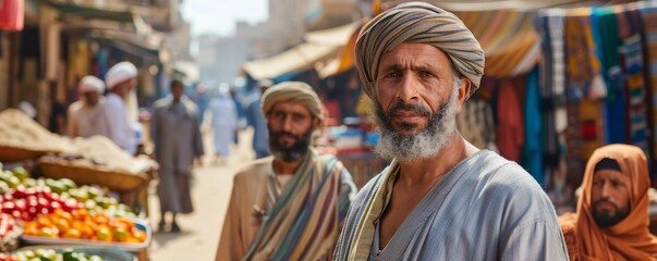 A locals in traditional attire against the backdrop of an Egyptian market. - obrazy, fototapety, plakaty