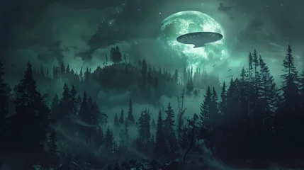 Foto auf Acrylglas Surreal digital painting of a UFO hovering over a dark forest at night, with a full moon in the background. © AdnanArif