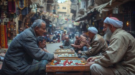 A locals engaged in a game of backgammon in a bustling Cairo alley.