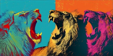 Three roaring lions in blue, yellow, and pink, with a pop art style, convey strength, ferocity, and boldness, in a colorful and vibrant composition.