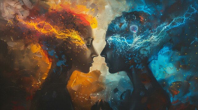 two ethereal faces are poised at the brink of connection, their features a vibrant tapestry of cosmic energy and nebulae, symbolizing the profound and intimate dance between celestial entities.