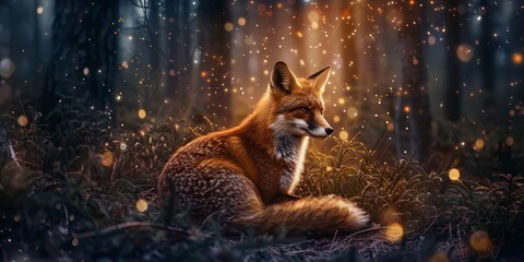 A serene red fox sits regally in a magical moonlit forest, its amber eyes reflecting the glimmering fireflies.