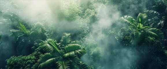 Mystical green jungle landscape with misty atmosphere,vibrant colors,and lush foliage,in the style of digital art - obrazy, fototapety, plakaty