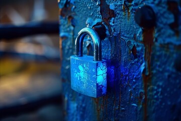 Padlock on a rusty blue surface with blue blurred background in photography style - obrazy, fototapety, plakaty