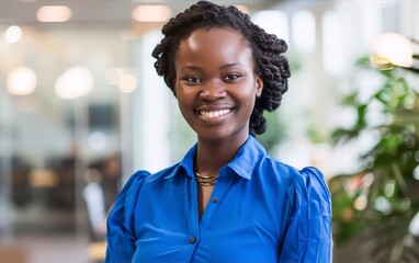 Smiling young african american woman wearing blue blouse in office interior, headshot, close up, portrait photography