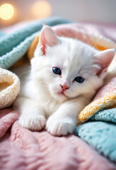 Cute white kitten sleep on a soft colorful fluffy cozy blanket. Sleeping cat. World Cat Day. Pet care. A beautiful postcard for animal lovers