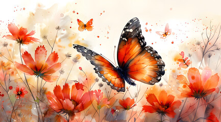 Sunrise Serenity: Watercolor Scene with Gentle Shadows and Lively Butterflies