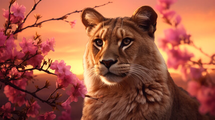 cute lioness with flowers on background