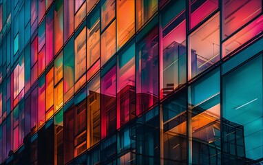 vibrant multicolored glass skyscraper facade reflecting the urban environment in an abstract geometric pattern - obrazy, fototapety, plakaty