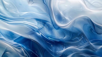 Blue and white translucent wavy shapes resembling an abstract painting, with a 3D rendering style and a futuristic feel.
