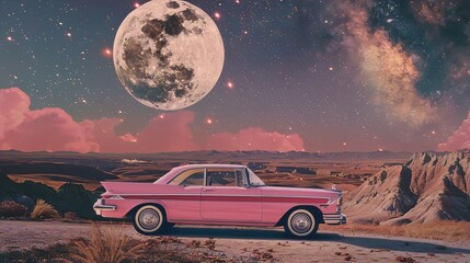 Retro pink car in the desert with a large moon in the starry sky in the background in surreal style