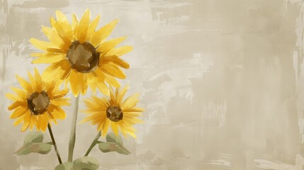   Two sunflowers, yellow against a beige backdrop, sit in a vase with a brown centerspot