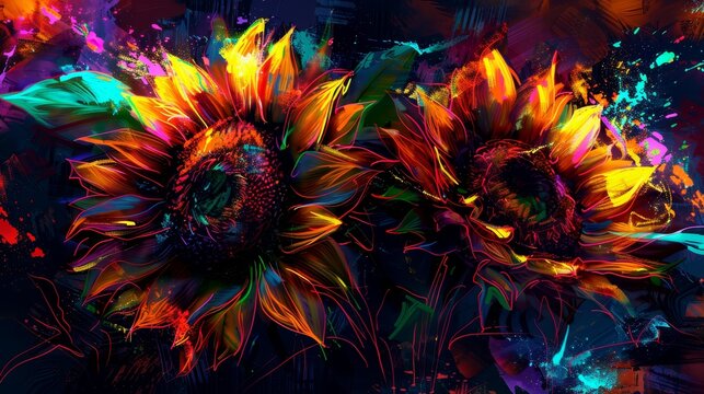   Two sunflowers depicted against a black backdrop, bottom edge adorned with a paint splash