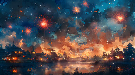 Summer Night Revelry: Watercolor Celebration with Vibrant Fireworks and Glowing Butterflies