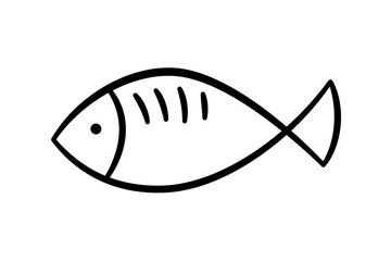 Doodle fish icon. Hand drawn sea fish. Children sketch drawing. Simple line art. Vector illustration isolated on white background. - 790600533