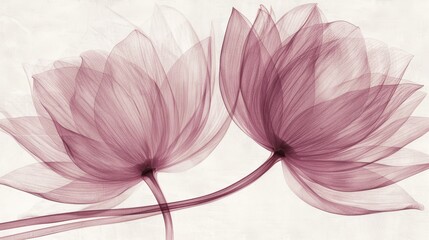   Two pink blossoms atop a pristine white table, adjacent to a vase bearing a solitary flower