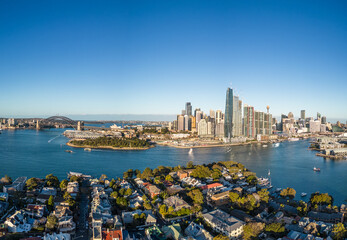 Sydney, Australia: Aerial of the famous Sydney bay and city skyline with the Sydney harbor bridge...