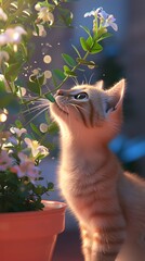 Curious Feline Investigating Fragrant Flowers in Blooming Potted Plant