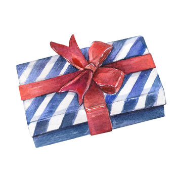 Present box watercolor drawing gift birthday. Anniversary holiday square object red stripped blue bow. Decoration ribbon isolated on white background