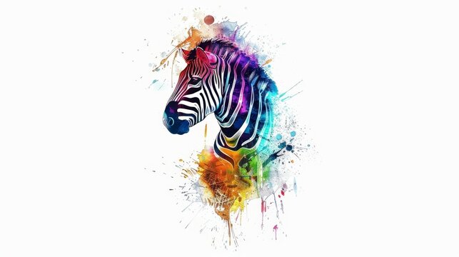   A zebra's head in a painting, its body adorned with multicolored paint splatters