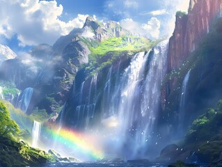 D Showcasing a Vibrant Rainbow Cascading Down a Majestic Waterfall