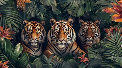 Three tigers in a lush tropical jungle with vibrant green leaves and colorful flowers, in a realistic painting style with a focus on the intricate details of the animals' fur and the lush vegetation. - obrazy, fototapety, plakaty