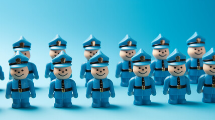Two rows of toy police officers smiling with hats; fictional toys background image