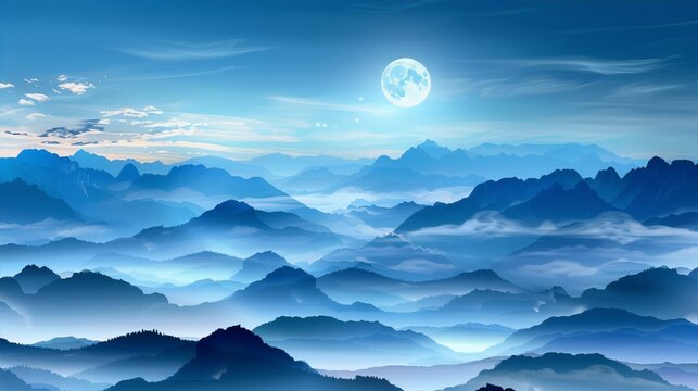 Blue misty moonlit mountain landscape, conveying a sense of peace and tranquility, digital art, concept art, romanticism.