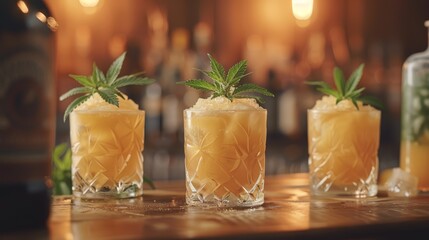   A wooden table is set with three tall glasses, each brimming with drinks and adorned with green leafy garnishes - obrazy, fototapety, plakaty