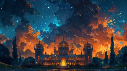 Fototapeta na wymiar Stunning night-time art illustration of an illuminated museum under a starry sky with celestial dreamscape