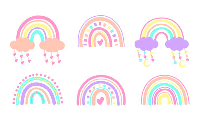 Set of Rainbows in Boho Style. Scandinavian boho rainbows set with clouds, stars, drops in pastel colors. Element for nursery decoration, postcard, clothes, party, baby shower, poster, invitation