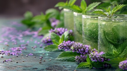   A collection of mason jars, each holding green liquid and adorned with purple blooms atop a blue countertop, sprinkled with edibles - obrazy, fototapety, plakaty