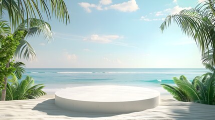 Fototapeta premium Tranquil 3D Summer Podium on Tropical Beach with Palm Trees and Ocean Backdrop,Perfect for Displaying Holiday Products