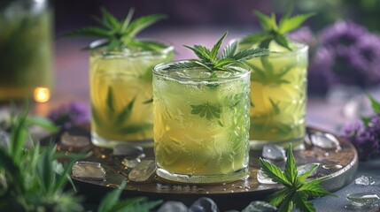  A tight shot of two glasses, each filled with alcohol, resting on an ice-laden tray Marijuana leaves delicately placed along the rims