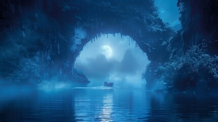 Surreal blue cave entrance surrounded by mystical trees and calm waters