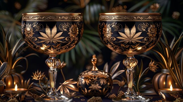   A pair of goblets atop a table, beside a vase displaying a solitary marijuana leaf
