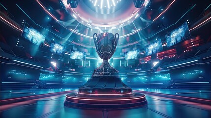 A large trophy sits on a podium, The base is spiral shaped, a futuristic stage with floating LED screens and holograms of players, light effects. Generative AI.