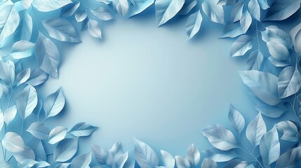   A tight shot of a blue backdrop, left half adorned with foliage in the form of leaves, right half displaying a lighter blue background - obrazy, fototapety, plakaty